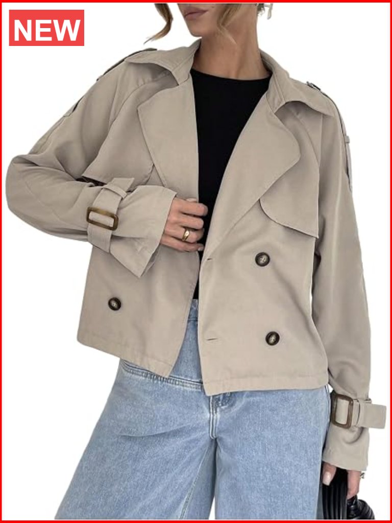 Cropped Trench Coat Double Breasted Lapel Collar Short Business Casual Jacket